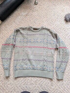 Vintage 80s Eddie Bauer Sage Green Fair Isle Knit Sweater Nordic Retro Cableknit